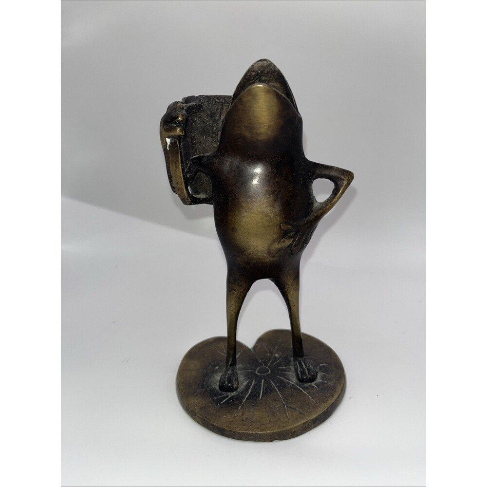 Vintage Japanese Bronze Frog With Basket Sculpture  Figurine 6.5”